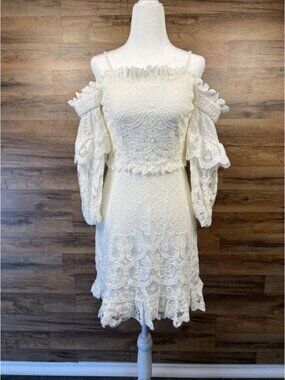 New Coquette Dress Parker Irma Sz 4 Lace Overlay Off the Shoulder White $228
